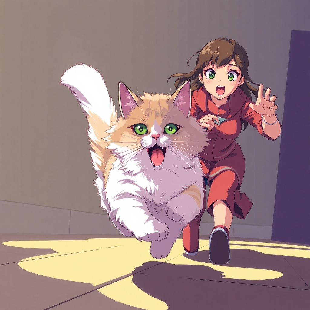 Energetic Isekai anime style artwork of a cat running from its owner. Use high-contrast low-key lighting to create dramatic shadows. The cat is a fluffy Persian, the owner a young woman with surprised expression. Brigh
